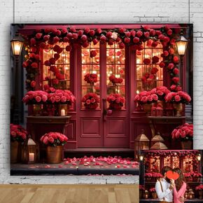 10x8ft Happy Valentines Day Backdrop for Photography Flower Shop Warm Lights Pink Door Rose World Romantic Valentine Photo Backdrop Background Valentines Party Decorations Portrait Photo Booth Props