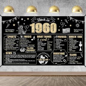 65th Birthday Decorations Back in 1960 Banner Backdrop for Women Men, Black Gold Happy 65 Birthday Sign Poster Party Supplies, Sixty-Five Year Old Bday Photo Background Decor for Indoor Outdoor