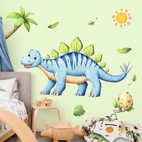 Tanlaby Large Dinosaur Wall Decals Blue Dino Palm Tree Wall Stickers Peel and Stick Jungle Art Decor for Baby Nursery Boys Girls Kids Toddler Bedroom Playroom Classroom