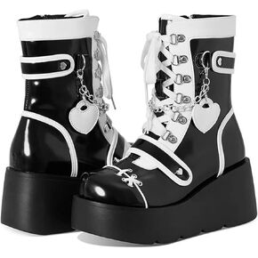 Women's Leather Platform Goth Rave Ankle Boots With Side Zipper Comfort Round Toe Lug Sole Wedge High Heel Kawaii Booties Cute Chain Lace Up Punk Y2K Combat Boots
