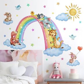 Removable Rainbow Clouds Wall Stickers DIY Peel and Stick Woodland Animals Wall Decals Watercolor Rainbow Animals Wall Mural for Kids Nursery Classroom Bedroom Living Room Background Wall