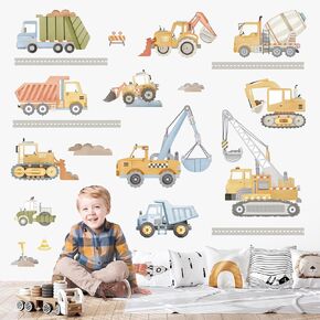 wondever Watercolor Construction Vehicles Wall Stickers Tractor Excavator Crane Peel and Stick Wall Art Decals for Kids Bedroom Boys Room Playroom
