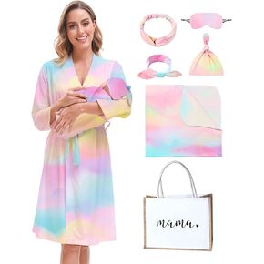 MORFORU Maternity Robe and Baby Swaddle Blanket Set, Mommy Delivery Robe Baby Blanket Hairband Hat Hairtie Hospital Bag