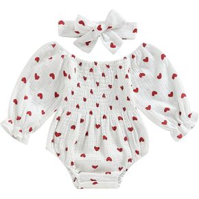 Owl's-Yard Baby Girls Valentine's Day Romper Heart Print Long Sleeve Boat Neck Jumpsuits Infant Bodysuits With Headband