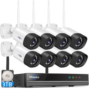 Hiseeu Wireless Security Camera Outdoor,5MP 8 Cam-Kit, Wireless WiFi 2-Way Audio Camera[Plug-in Play] Home Surveillance,Color Night Vision,IP66,3TB Storage,No-Monthly Fees
