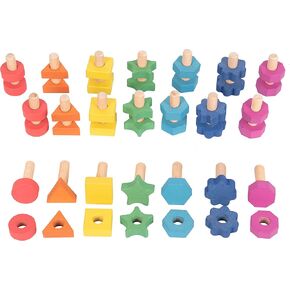 TickiT Rainbow Wooden Nuts & Bolts - Set of 21 - 7 Shapes and Colors - For Ages 12m+ - Loose Parts Wooden Toys for Toddlers and Preschoolers
