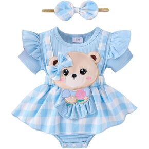 Baby Girl Summer Clothes Short Sleeve Ruffled Romper Dress Bear Print Plaid Bodysuit Headband Cute Summer Outfit