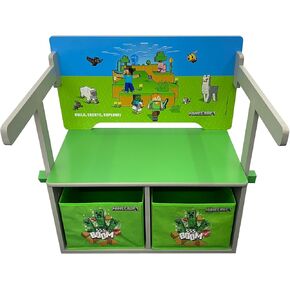Phoenix group AG Minecraft: 2-in-1: Bench & Table - Wooden Chair Coverts from Seating to Play Desk, 2 Storage Cubes, Game Theme Furniture, Store-Sit-Play, Licensed
