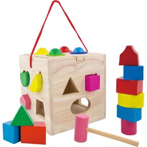 Evmark Toys & Games Wooden Shapes and Activity Cube - Simple Shapes for Toddlers and Preschoolers Montessori Learning