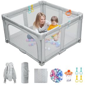 Foldable Baby Playpen with Soft Mat, 50"×50" Portable Playpen for Babies and Toddlers with Visible Mesh, Baby Play Yard with 50 Ocean Ball + 4 Handles + 1 Basket, Grey