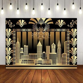 Roaring 20's 20s Themed Backdrop 5x3ft Vintage Dance Black Gold Art Event Decoration Birthday Wedding Party Decoration Photo Background Booth Banner Supplies