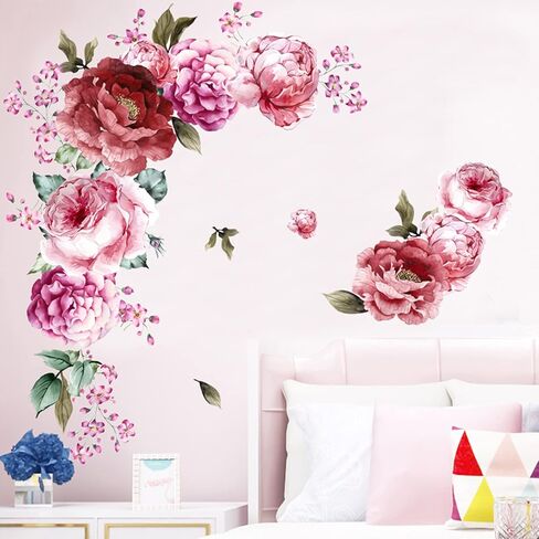 Peony Flower Wall Stickers 3D Pink Flowers Wall Decals, Peel and Stick Removable Wall Art Decor, DIY Mural Wall Art Decor for Kids Room Nursery Classroom Living Room Bedroom Home Decoration (E) in Kuwait