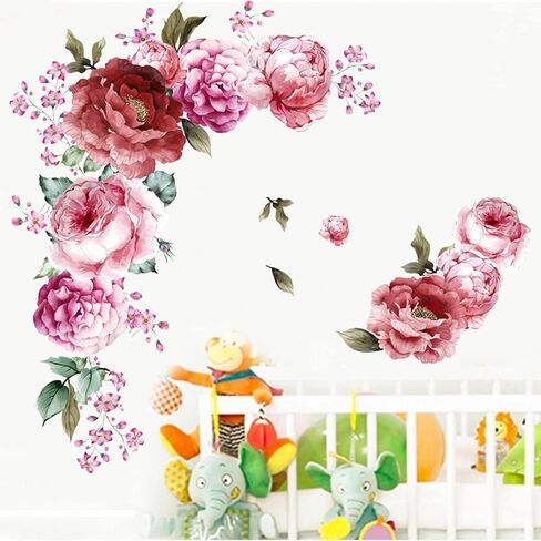 Peony Flower Wall Stickers 3D Pink Flowers Wall Decals, Peel and Stick Removable Wall Art Decor, DIY Mural Wall Art Decor for Kids Room Nursery Classroom Living Room Bedroom Home Decoration (E) in Kuwait