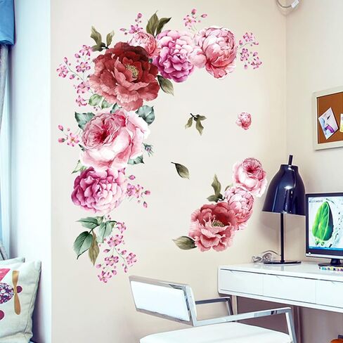 Peony Flower Wall Stickers 3D Pink Flowers Wall Decals, Peel and Stick Removable Wall Art Decor, DIY Mural Wall Art Decor for Kids Room Nursery Classroom Living Room Bedroom Home Decoration (E) in Kuwait