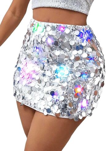 REETAN Light up Sequin Sparkly Skirts LED Music Dance Skirt Rave Club Disco Skirt Costume for Women and Girls in Kuwait