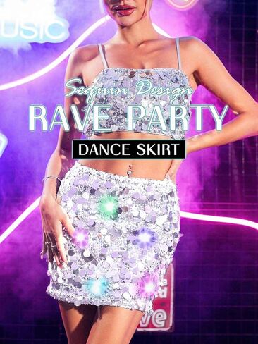 REETAN Light up Sequin Sparkly Skirts LED Music Dance Skirt Rave Club Disco Skirt Costume for Women and Girls in Kuwait