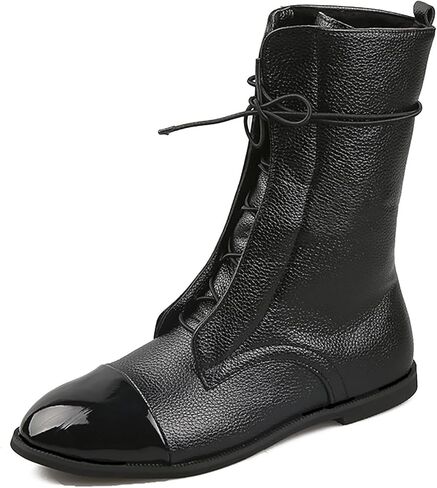 Women's Round Toe Lace up Mid Calf Flat Boots,Fashion Hand Stitching Non Slip Wearable Square Heel Low Heel Leather Shoes Casual Winter Snow Boots Pointed Boots in Saudi Arabia