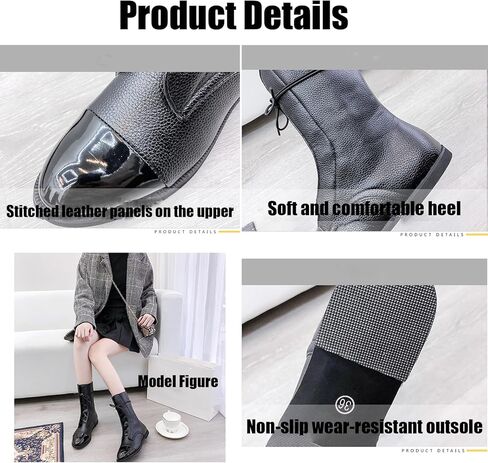 Women's Round Toe Lace up Mid Calf Flat Boots,Fashion Hand Stitching Non Slip Wearable Square Heel Low Heel Leather Shoes Casual Winter Snow Boots Pointed Boots in Saudi Arabia
