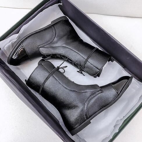 Women's Round Toe Lace up Mid Calf Flat Boots,Fashion Hand Stitching Non Slip Wearable Square Heel Low Heel Leather Shoes Casual Winter Snow Boots Pointed Boots in Saudi Arabia