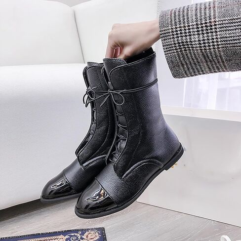 Women's Round Toe Lace up Mid Calf Flat Boots,Fashion Hand Stitching Non Slip Wearable Square Heel Low Heel Leather Shoes Casual Winter Snow Boots Pointed Boots in Saudi Arabia