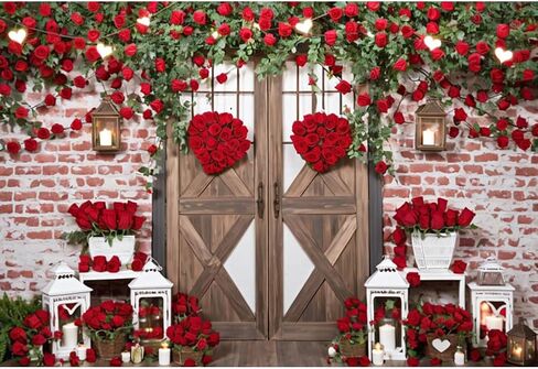 Leowefowa 10x8ft فينيل فينيل عتيقة الحظيرة ، خلفية باب عيد الحب ، عيد الحب ، جدار الطوب الأحمر روز زهرة الحب ، القلب ، in Kuwait