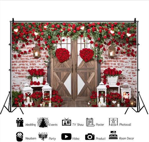 Leowefowa 10x8ft فينيل فينيل عتيقة الحظيرة ، خلفية باب عيد الحب ، عيد الحب ، جدار الطوب الأحمر روز زهرة الحب ، القلب ، in Kuwait