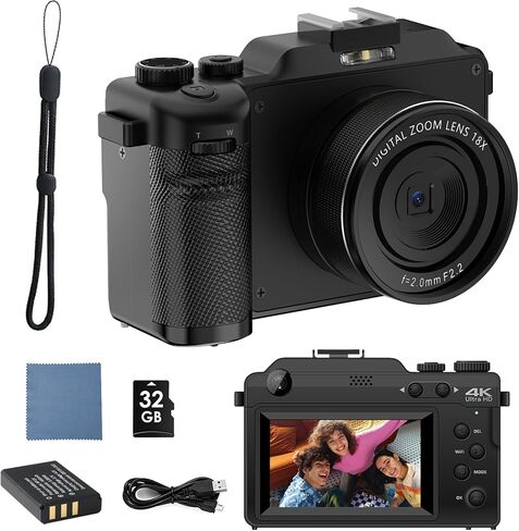 الكاميرا الرقمية للتصوير الفوتوغرافي والفيديو ، كاميرا Vlogging 44 ميجابكسل مع بطاقة SD ، كاميرا مضغوطة مع فلاش ، 18x كاميرا السفر الرقمية Zoom in Kuwait