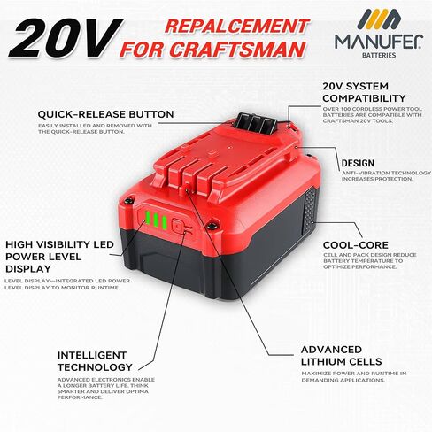 MANUFER 2 Pack 6.0Ah 20V V20 Lithium-ion Battery Replacement for Craftsman 20V Battery CMCB202 CMCB204 CMCB205 CMCB206 CMCB204-2 CMCB202-2 Cordless Power Tools in Saudi Arabia