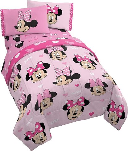 Jay Franco Disney Minnie Mouse Hearts N Love 5 Piece Full Size Bed Set - Includes Reversible Comforter & Sheet Set - Super Soft Fade Resistant Microfiber - (Official Disney Product) in Kuwait