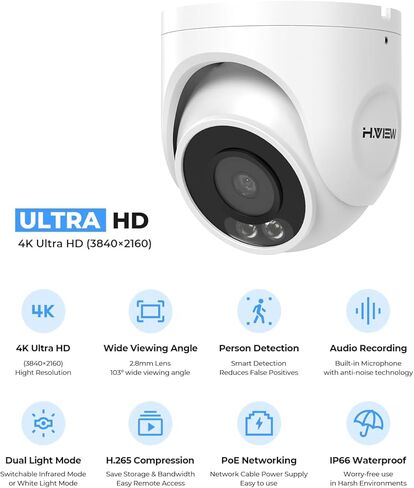 H.VIEW 8MP/4K Outdoor Dome Security POE IP Camera, Smart Dual Illumination, 100ft Night Vision, 2.8mm Lens Wide Angel, IP66, One-Way Audio, H.265+, Smart AI Detection, (Hikvision Compatible) in Saudi Arabia