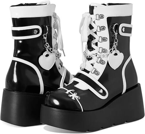 Women's Leather Platform Goth Rave Ankle Boots With Side Zipper Comfort Round Toe Lug Sole Wedge High Heel Kawaii Booties Cute Chain Lace Up Punk Y2K Combat Boots in Saudi Arabia