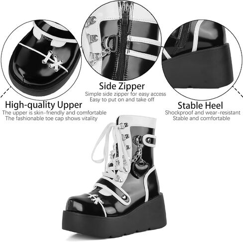 Women's Leather Platform Goth Rave Ankle Boots With Side Zipper Comfort Round Toe Lug Sole Wedge High Heel Kawaii Booties Cute Chain Lace Up Punk Y2K Combat Boots in Saudi Arabia