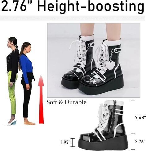 Women's Leather Platform Goth Rave Ankle Boots With Side Zipper Comfort Round Toe Lug Sole Wedge High Heel Kawaii Booties Cute Chain Lace Up Punk Y2K Combat Boots in Saudi Arabia