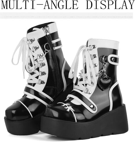 Women's Leather Platform Goth Rave Ankle Boots With Side Zipper Comfort Round Toe Lug Sole Wedge High Heel Kawaii Booties Cute Chain Lace Up Punk Y2K Combat Boots in Saudi Arabia