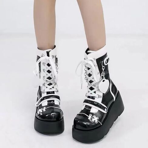 Women's Leather Platform Goth Rave Ankle Boots With Side Zipper Comfort Round Toe Lug Sole Wedge High Heel Kawaii Booties Cute Chain Lace Up Punk Y2K Combat Boots in Saudi Arabia