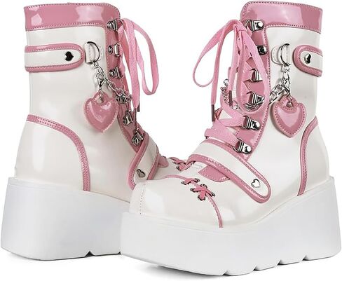 Women's Leather Platform Goth Rave Ankle Boots With Side Zipper Comfort Round Toe Lug Sole Wedge High Heel Kawaii Booties Cute Chain Lace Up Punk Y2K Combat Boots in Saudi Arabia