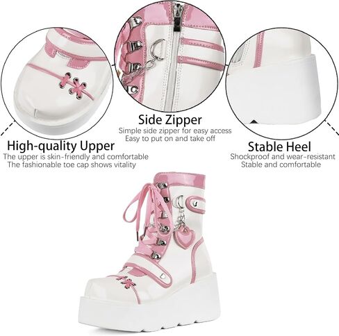 Women's Leather Platform Goth Rave Ankle Boots With Side Zipper Comfort Round Toe Lug Sole Wedge High Heel Kawaii Booties Cute Chain Lace Up Punk Y2K Combat Boots in Saudi Arabia