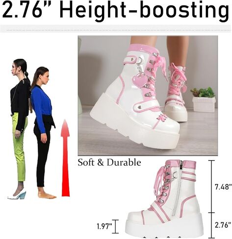 Women's Leather Platform Goth Rave Ankle Boots With Side Zipper Comfort Round Toe Lug Sole Wedge High Heel Kawaii Booties Cute Chain Lace Up Punk Y2K Combat Boots in Saudi Arabia