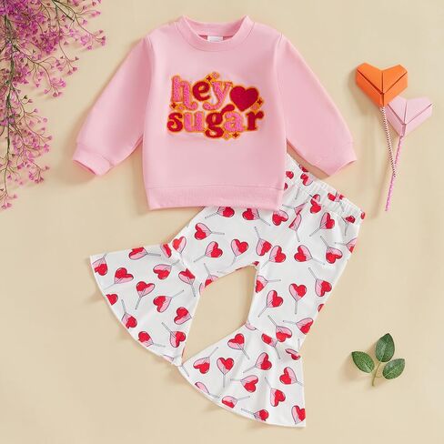 Fiomva Toddler Baby Bird Valentines Day Woatfit Sweatshirt Top+Flare Pants Bell Bords ملابس ملابس in Kuwait