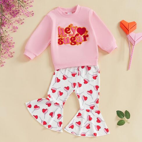 Fiomva Toddler Baby Bird Valentines Day Woatfit Sweatshirt Top+Flare Pants Bell Bords ملابس ملابس in Kuwait