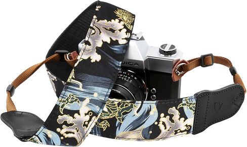 Padwa Lifestyle Blue Wave Camera Strap - 2" Cowhide Leather Head Cotton Camera Straps for Photographers,Vintage Japanese Art Print Adjustable Neck & Shoulder Strap for ALL DSLR/SLR Cameras in Kuwait