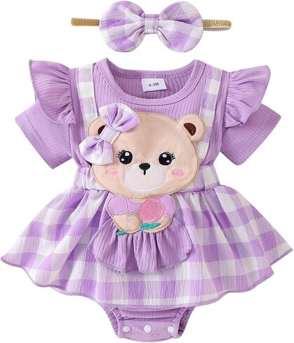 Baby Girl Summer Clothes Short Sleeve Ruffled Romper Dress Bear Print Plaid Bodysuit Headband Cute Summer Outfit in Kuwait