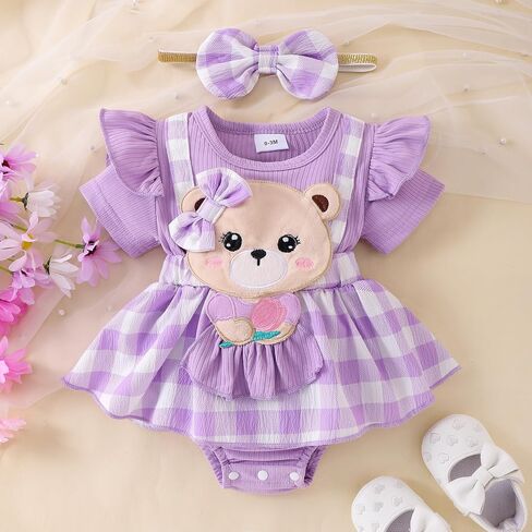 Baby Girl Summer Clothes Short Sleeve Ruffled Romper Dress Bear Print Plaid Bodysuit Headband Cute Summer Outfit in Kuwait