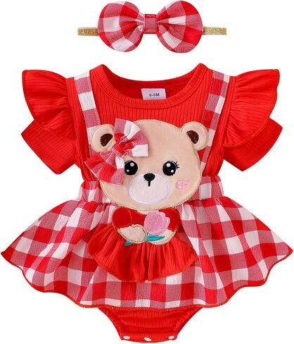 Baby Girl Summer Clothes Short Sleeve Ruffled Romper Dress Bear Print Plaid Bodysuit Headband Cute Summer Outfit in Kuwait