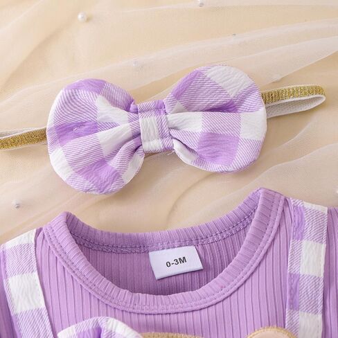 Baby Girl Summer Clothes Short Sleeve Ruffled Romper Dress Bear Print Plaid Bodysuit Headband Cute Summer Outfit in Kuwait