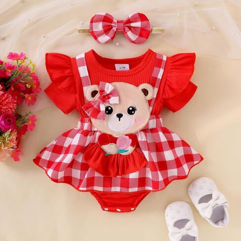 Baby Girl Summer Clothes Short Sleeve Ruffled Romper Dress Bear Print Plaid Bodysuit Headband Cute Summer Outfit in Kuwait