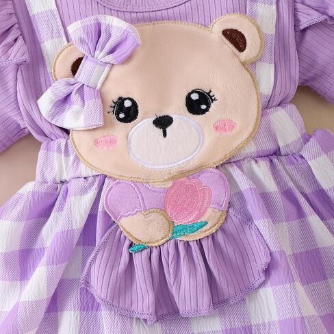 Baby Girl Summer Clothes Short Sleeve Ruffled Romper Dress Bear Print Plaid Bodysuit Headband Cute Summer Outfit in Kuwait
