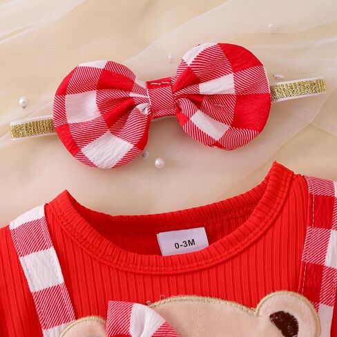 Baby Girl Summer Clothes Short Sleeve Ruffled Romper Dress Bear Print Plaid Bodysuit Headband Cute Summer Outfit in Kuwait