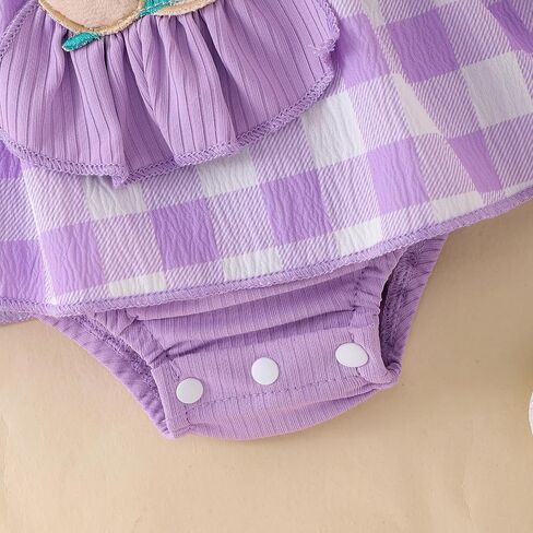 Baby Girl Summer Clothes Short Sleeve Ruffled Romper Dress Bear Print Plaid Bodysuit Headband Cute Summer Outfit in Kuwait