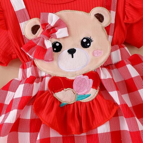 Baby Girl Summer Clothes Short Sleeve Ruffled Romper Dress Bear Print Plaid Bodysuit Headband Cute Summer Outfit in Kuwait